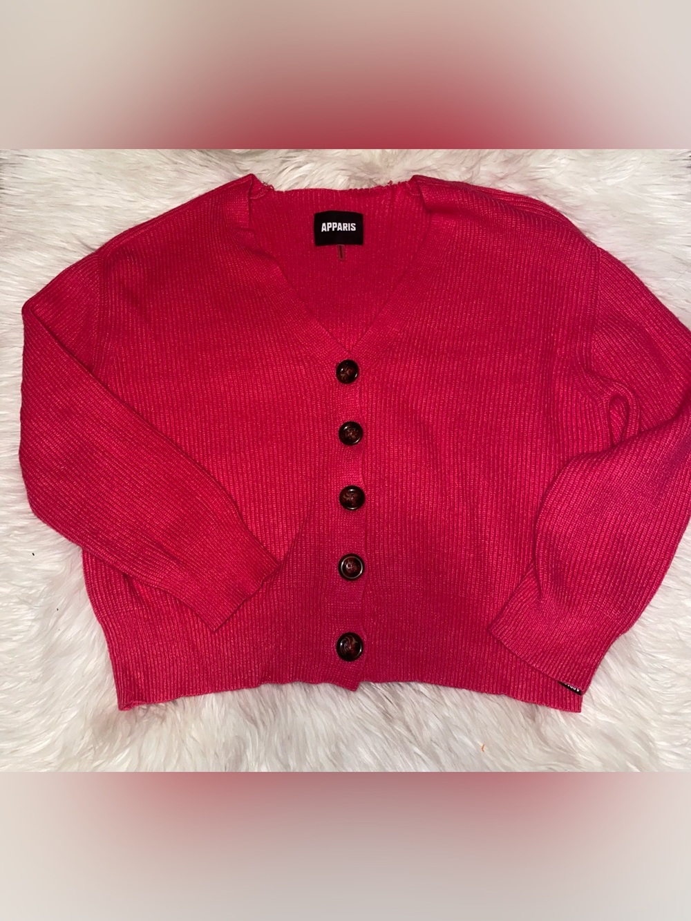 Ladies Apparis Pink Ribbed V-Neck Button Front Cardigan